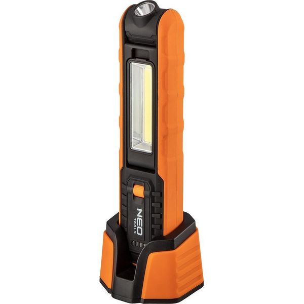 Neo Tools Lampada Ricaricabile Per Officina 500 Lm Cob Led + Base + Caricabatterie, 2 In 1 Lampada + Torcia, Batteria Agli Ioni Di Litio Da 3,7 V Con Capacità Di 2600 Mah, Dimensioni 270X90X80Mm-image
