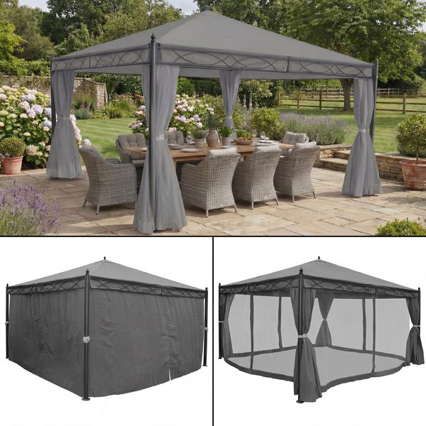 Pergola Cadiz, Padiglione Da Giardino, Struttura Robusta Da 7 Cm Con Parete Laterale + Zanzariera ~ Grigio 4X4M-image