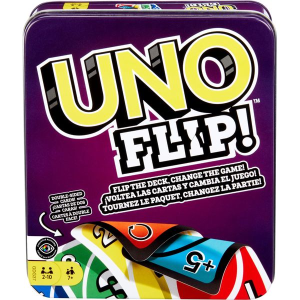 Mattel Games Uno Flip In Una Robusta Scatola Di Metallo - Il Classico Gioco Di Carte Con Un Tocco Nuovo, Per Tutta La Famiglia E Per I Bambini Dai 7 Anni In Su, GDG37-image
