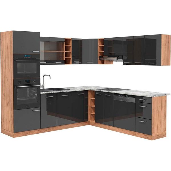 Vicco Cucina Angolare Completa R-Line, 237 X 247 Cm , Pt Marmo, Antracite Lucido/Oro Power Oak-image