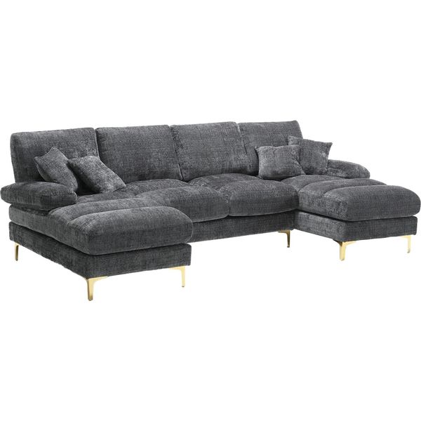 Abrihome Divano Angolare Divano Componibile A U Divano Per 4 Persone Con Funzione Reclinabile, Ciniglia - Grigio-image
