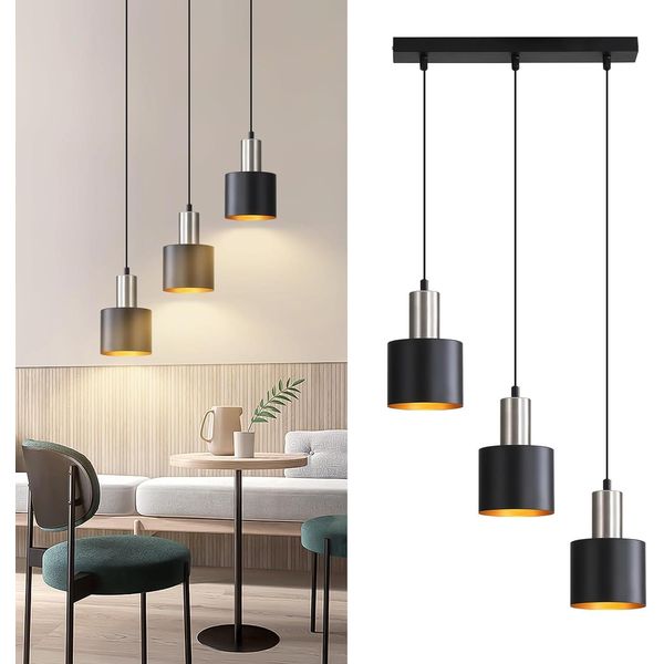 Zmh Lampada A Sospensione Per Tavolo Da Pranzo E27 Lampada A Sospensione A 3 Fiamme Per Sala Da Pranzo Lampada A Sospensione Oro Nero Lampada Da Cucina Isola Industriale Senza Lampadina-image