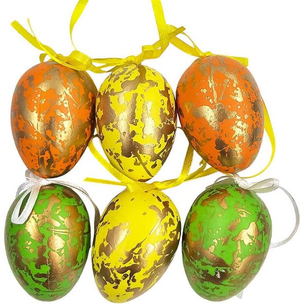 Uova Decorative Per Pasqua 4X6 Cm - Uova Di Pasqua Da Appendere 6 Pezzi - Colorate Con Oro-image