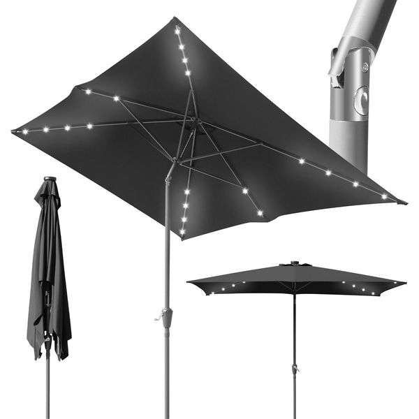 Aopunly Ombrellone Rettangolare, A Manovella Pieghevole In Ferro Ombrellone Balcone Mercato, Inclinabile, 1,4X2,1 M, Led, Grigio-image
