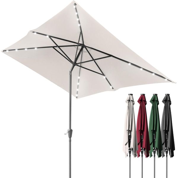 Aopunly Ombrellone Rettangolare, A Manovella Pieghevole In Ferro Balcone Ombrello Mercato, Inclinabile, 1,4X2,1 M, Led, Beige-image