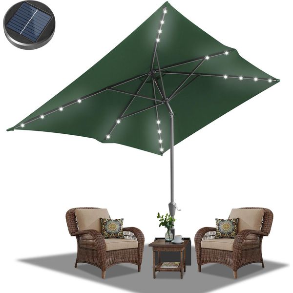 Ombrellone Tolletour Ø210X140Cm Con Led, Protezione Uv, Manovella - Verde, Ombrellone A Sbalzo Pieghevole Di 30° Su Entrambi I Lati Ombrellone Rettangolare Da Balcone-image