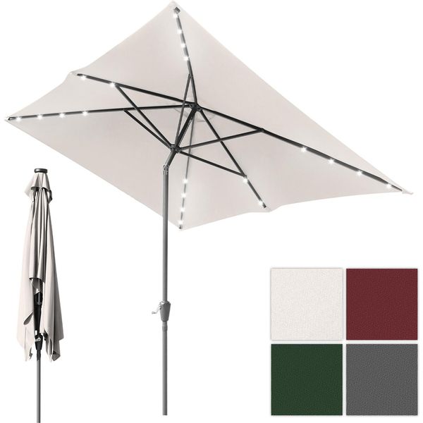 Ombrellone Clanmacy Rettangolare, Manovella Pieghevole, Ferro, Ombrellone Da Balcone, Ombrellone Da Mercato, Inclinabile, 1,4 X 2,1 M, Led, Beige-image