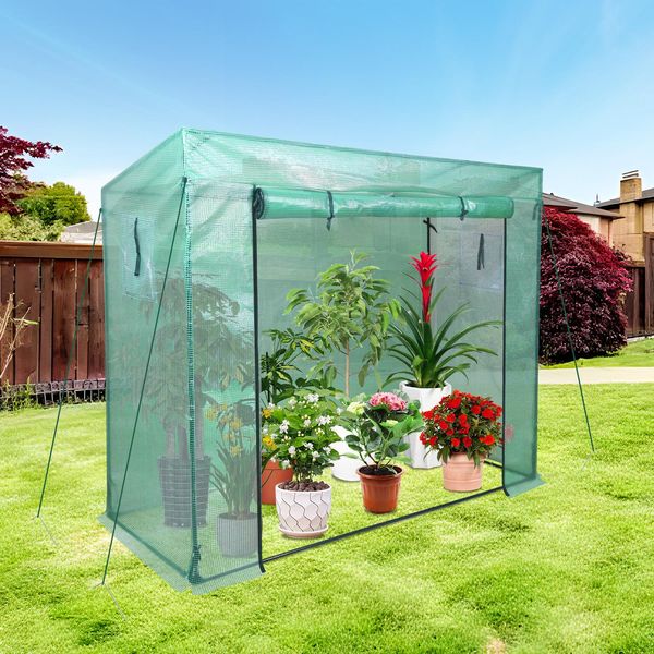 Serra In Plastica Clanmacy Serra Per Pomodori 200 X 80 X 173/143 Cm (Lxpxa), Con Telo A Rete E Finestra Per Il Giardino, Tetto Inclinato, Verde-image