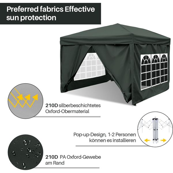 Jayseuw Gazebo Pieghevole 3X3 M Grigio Con Pareti Laterali Tenda Da Festa Protezione Uv Regolabile In Altezza Con Borsa Per Il Trasporto, Per Esterni Giardino Campeggio-image