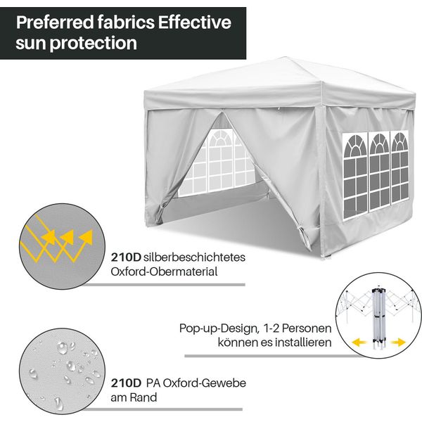 Aopunly Gazebo Pieghevole 3X3M Bianco Con Pareti Laterali Tenda Per Feste Protezione Uv Regolabile In Altezza Con Borsa Per Il Trasporto, Per Il Campeggio All'aperto In Giardino-image