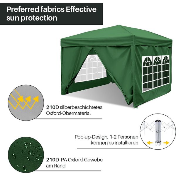 Aopunly Gazebo Pieghevole 3X3M Verde Con Pareti Laterali Tenda Per Feste Protezione Uv Regolabile In Altezza Con Borsa Per Il Trasporto, Per Il Campeggio All'aperto In Giardino-image