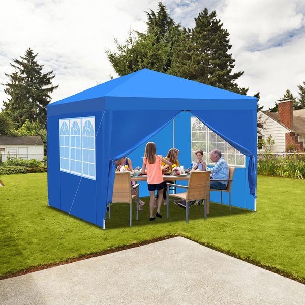 Tolletour Gazebo Pieghevole 3X3M Blu Con Pareti Laterali Tenda Per Feste Protezione Uv Regolabile In Altezza Con Borsa Per Il Trasporto, Per Il Campeggio All'aperto In Giardino-image