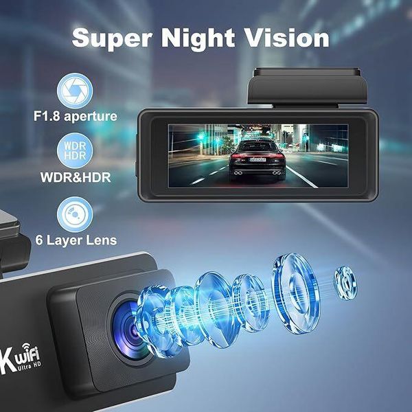 Dashcam Auto Anteriore Posteriore 4K+1080P, Wifi Dash Cam 2,99 Pollici Display Lcd Con 64GB Sd Card, Doppia Telecamera Auto Con Controllo App-image