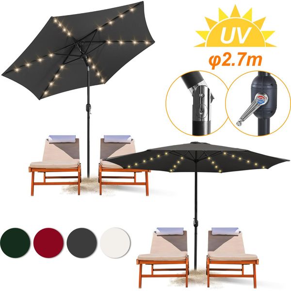 Aopunly Ombrellone Ø2,7M Incl. Led Ombrellone Da Giardino Girevole A 360° Ombrellone A Sbalzo Ombrellone Da Spiaggia - Con Led - Grigio-image