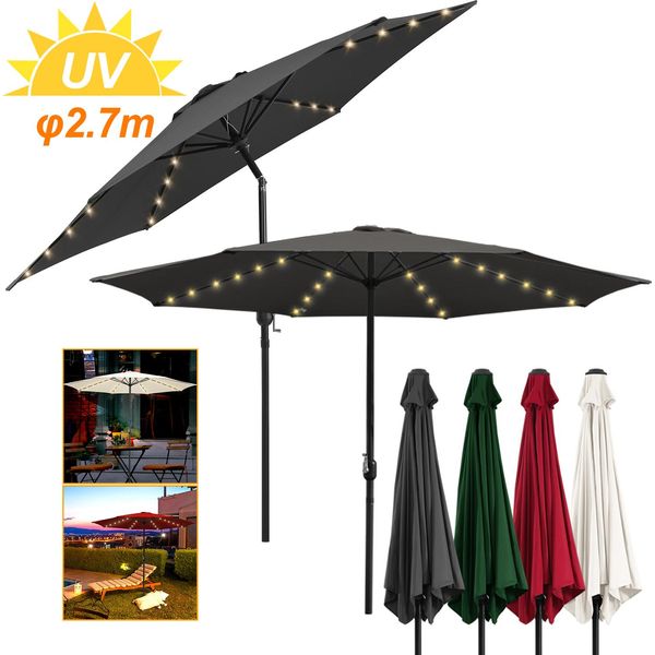 Tolletour Ombrellone Ø2,7M Incl. Led Ombrellone Da Giardino Girevole A 360° Ombrellone A Sbalzo Ombrellone Da Spiaggia - Con Led - Grigio-image