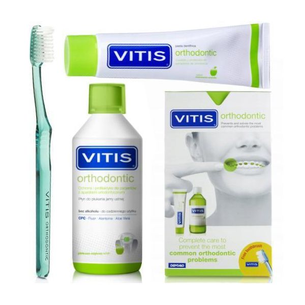 Vitis Orthodontic Set – Spazzolino Da Denti + Dentifricio 100 Ml + Collutorio 500 Ml – Set Completo Per Apparecchi Ortodontici-image