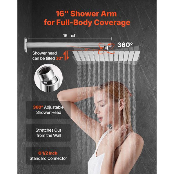Vevor Sistema Doccia A Pioggia Per Il Bagno Sistema Doccia Con Soffione A Pioggia Quadrato Da 305 Mm E Doccetta, Rubinetteria A Parete Per Il Bagno Con Valvola In Ottone E Set Decorativo, Argento Cromato-image
