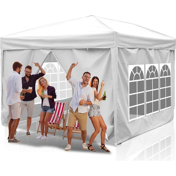 Gazebo Pieghevole Tolletour, Gazebo Con 4 Pareti Laterali, Gazebo Per Feste Con Protezione Uv, Gazebo Pieghevole 3X3M Con 4 Lati Bianco-image