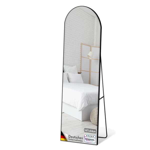 Specchio A Figura Intera, 147 X 44 Cm, Specchio Verticale Nero Con Cornice In Alluminio Curvato, Da Appoggio E Da Parete, Madison-image