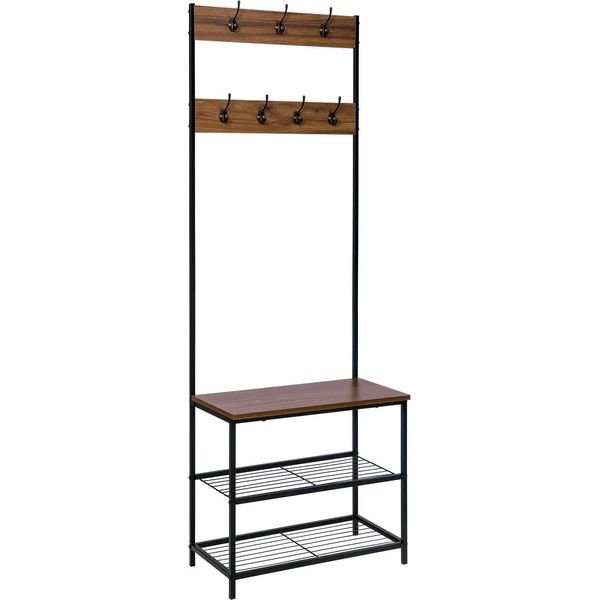 Appendiabiti Con Ripiano Per Scarpe - Appendiabiti Indipendente - 7 Ganci - Ripiano 60 X 30 Cm - Altezza 170 Cm - Metallo Antigraffio E Mdf - Nero E Marrone Scuro-image