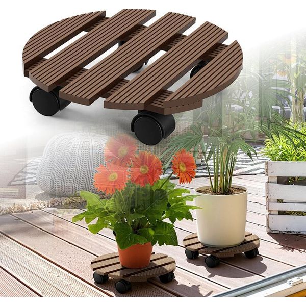 Izrielar 3X Wpc Carrello Per Piante 30 Cm, Carrello Per Fiori Con Portata 80 Kg, Sottopiatto Con Rotelle, Carrello Per Vasi Da Fiori, Vaso Da Fiori (Rotondo, Marrone)-image