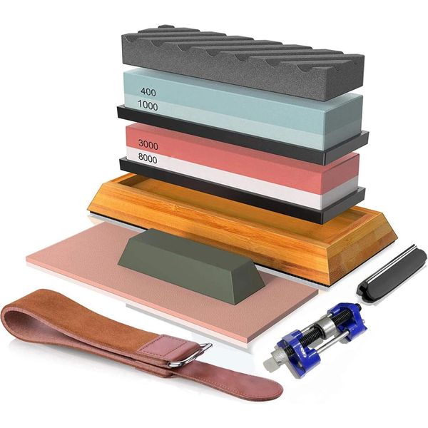 Set Di Pietre Abrasive - Affilacoltelli - Grana 400/1000 E 3000/8000 - Pietra Ad Acqua Bifacciale - Base Antiscivolo - Kit A - Grigio Chiaro-image