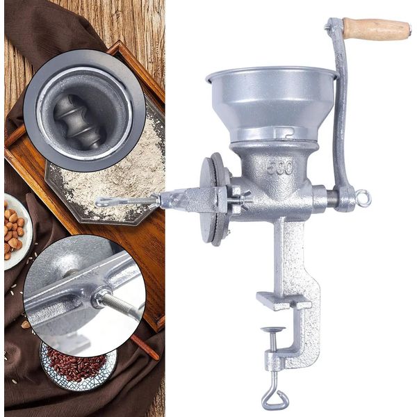 Molino Per Cereali - Molino A Manovella - Grado Di Macinatura Regolabile - Ghisa E Acciaio Al Manganese - Per Grano, Mais, Riso - Modello Pesante - Argento-image