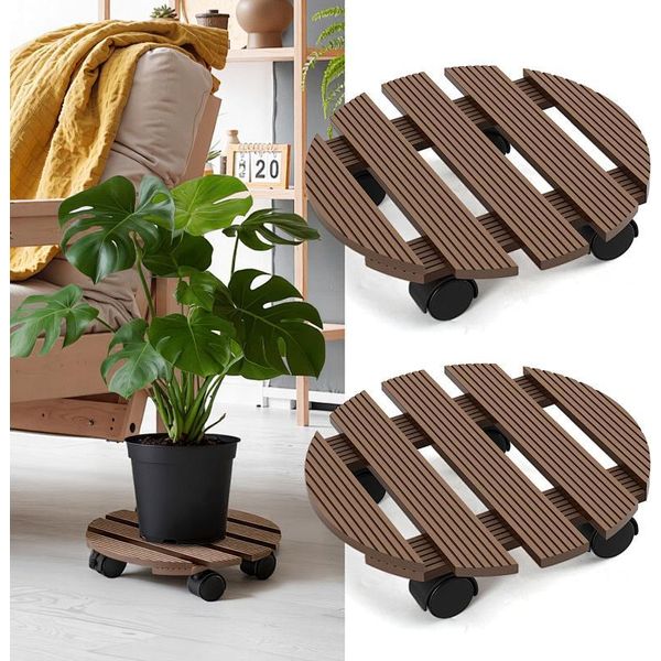 Izrielar 2X Wpc Rotelle Per Piante 30 Cm, Rotelle Per Fiori Con Portata 80 Kg, Sottobicchieri Con Rotelle, Rotelle Per Vasi Da Fiori, Vaso Da Fiori (Rotondo, Marrone)-image