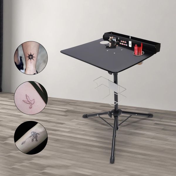 Tavolo Per Tatuaggi E Nail Art - Postazione Di Lavoro Per Salone - Regolabile In Altezza - Sollevatore Idraulico - Mobile - Nero-image