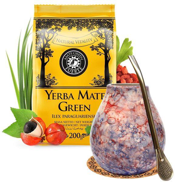 Set Iniziale Mate Green Yerba Mate Con Tazza Mate In Ceramica Da 350 Ml - Tè Brasiliano Yerba Mate Fuerte 200 G Con Guaranà - Bombilla In Acciaio Inossidabile Da 19 Cm-image