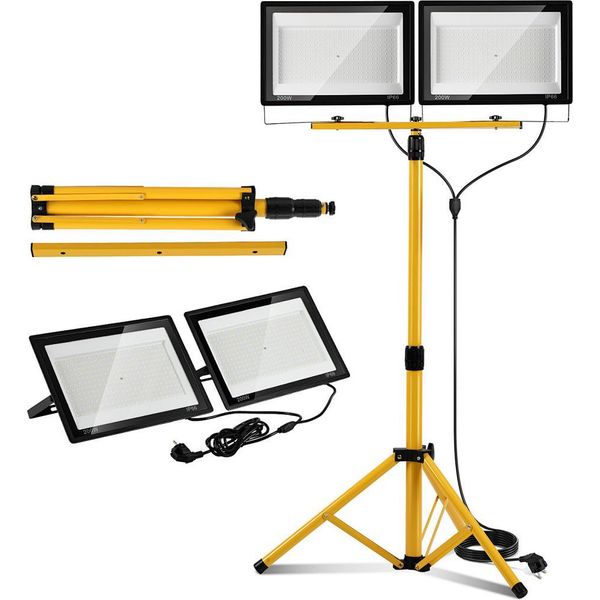 Izrielar Faretto Da Cantiere A Led, 2X200W Faretto 6500K Bianco Freddo, Faretto Proiettore Con Treppiede E Cavo Da 3 M Con Spina Lampada Da Lavoro Per Garage E Cantieri-image