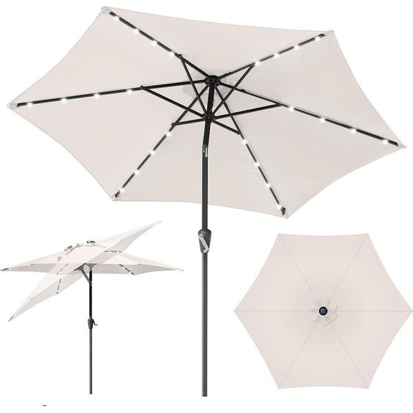 Izrielar Ombrellone Da 2,7 M UV50+ Inclinabile Protezione Solare Ombrellone Da Giardino Ombrellone Da Spiaggia Led Solare, Pieghevole, Telo Con Rivestimento Pa, Beige-image
