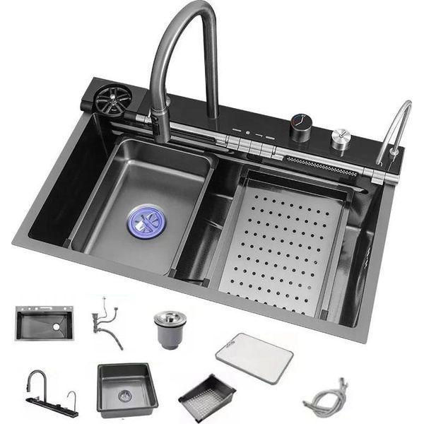 Lavello Da Cucina - Vasca Singola - Acciaio Inox 304 - 80 X 46 Cm - Montaggio A Incasso - Cascata - Rubinetto Con Display Digitale - Bianco-image