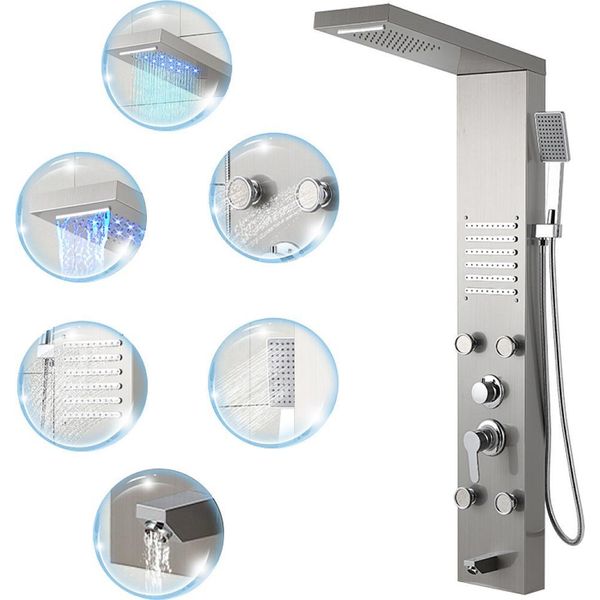 Pannello Doccia Izrielar In Acciaio Inox Spazzolato Con Getti Massaggianti, Soffione A Pioggia, Doccetta E Cascata, Colonna Doccia A Parete, Moderno Sistema Doccia Per Bagno-image