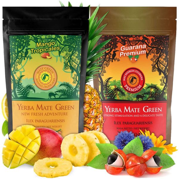 Tè Yerba Mate Mate Green Set 1 Kg - Tè Yerba Mate Mango Tropicales Con Mango E Ananas 500 G - Tè Mate Energia Guarana Premium 500 G-image