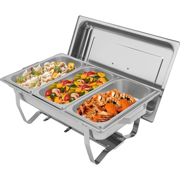Scaldavivande - Chafing Dish - Rettangolare Con 3 Inserti - 5 L - Acciaio Inossidabile - 60X34,5X30 Cm - Argento-image