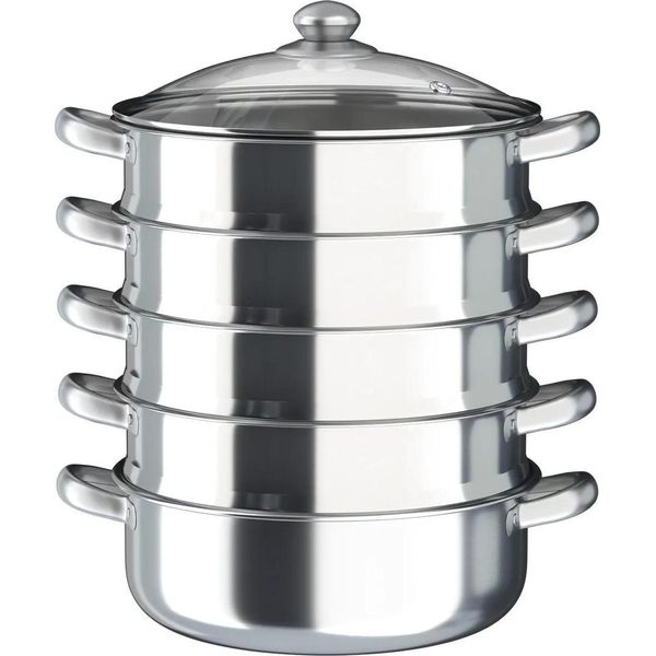 Vaporiera - Pentola A Bagnomaria - Acciaio Inossidabile - 30 Cm - Coperchio In Vetro Infrangibile - Manico Ergonomico - 5 Ripiani - Kaki Scuro-image