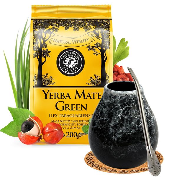 Set Iniziale Per Tè Yerba Mate Con Mate Green Fuerte 200 G - Tazza In Ceramica Per Tè Mate Marmol 350 Ml - Tè Mate Brasiliano Con Erbe, Bombilla-image