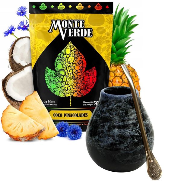 Set Per Tè Yerba Mate Con Yerba Mate Monte Verde Coco Pina Colades 500 G - Tazza In Ceramica Per Tè Mate Marmol 350 Ml - Bombilla In Acciaio Inossidabile 19 Cm-image