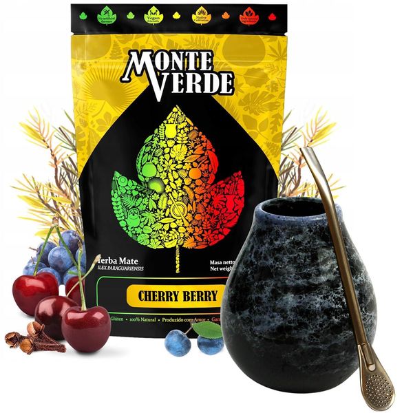 Set Per Tè Yerba Mate Con Yerba Mate Monte Verde Cherry Berry 500 G - Tazza In Ceramica Per Tè Mate Calabaza Marmol 350 Ml - Bombilla In Acciaio Inossidabile 19 Cm-image