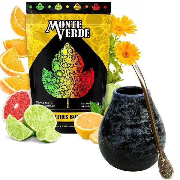 Set Per Tè Yerba Mate Con Yerba Mate Monte Verde Citrus Bomb 500 G - Tazza In Ceramica Per Tè Mate Marmol 350 Ml - Bombilla In Acciaio Inossidabile 19 Cm-image