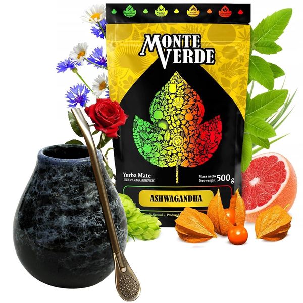 Set Per Tè Yerba Mate Con Yerba Mate Monte Verde Ashwagandha 500 G - Tazza In Ceramica Per Tè Mate Marmol 350 Ml - Bombilla In Acciaio Inossidabile 19 Cm-image