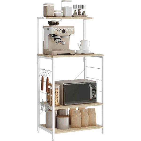 Scaffale Da Cucina - Scaffale Per Microonde - 4 Ripiani - 4 Ganci - 60 X 123 X 40 Cm - Pannelli Truciolari E1 E Tubi In Acciaio - Indipendente - Facile Da Montare - Rovere Chiaro E Bianco-image