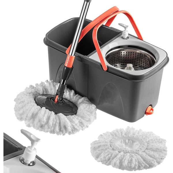 Mop Rotante Con Secchio - Set Mop E Secchio - Capacità 18 L - Sistema A Doppia Camera - Strizzatore Rotante - Testina In Microfibra - Testina Orientabile-image