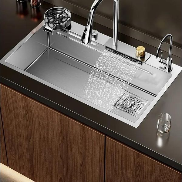 Lavello Da Cucina - Waterfall E9 80×45 Cm - Acciaio Inox - Con Rubinetteria - Vasca Singola - Montaggio A Incasso - 2 Fori - Spazzolato - Giallo-image