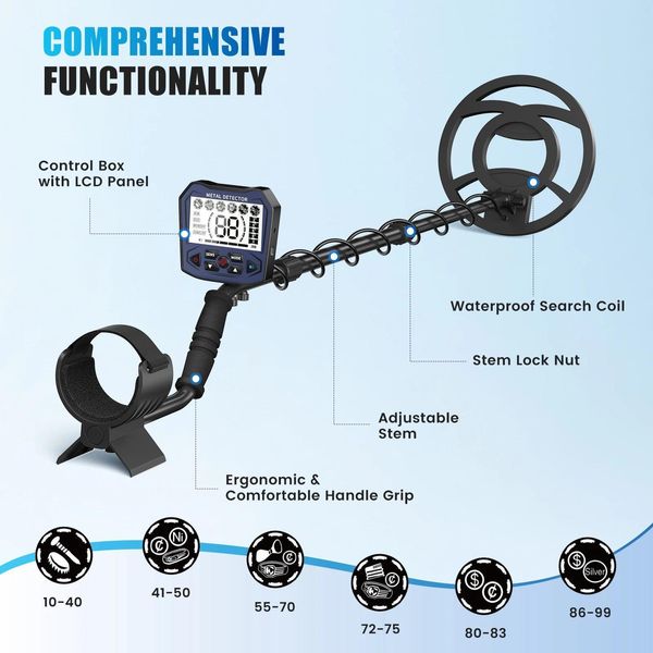 Metal Detector - Rilevatore Di Metalli - Alta Precisione - Lunghezza Regolabile Da 113 A 141 Cm - 5 Modalità - Impermeabile IP68 - Display Lcd - Batteria Inclusa - Marrone-image