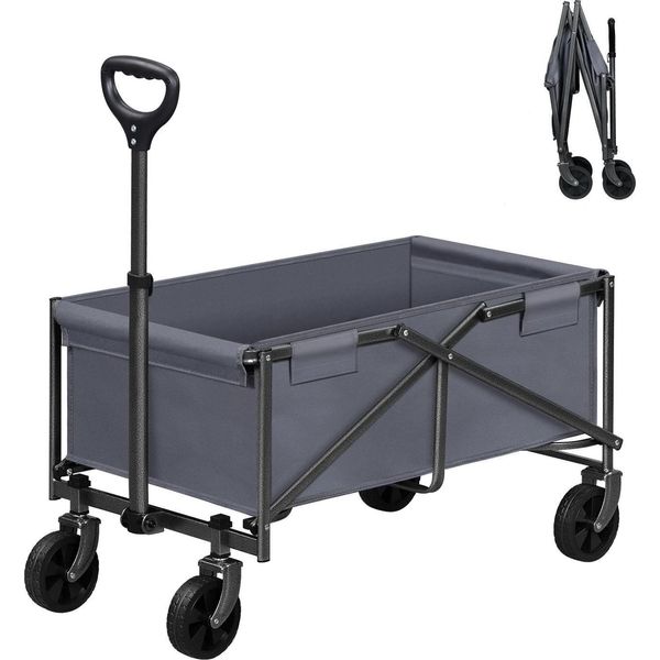 Carrello Da Giardino - Carrello Pieghevole - Capacità Di Carico 80 Kg - 4 Ruote Larghe A 360° - Maniglia Regolabile - Metallo + 600D Oxford - Grigio-image