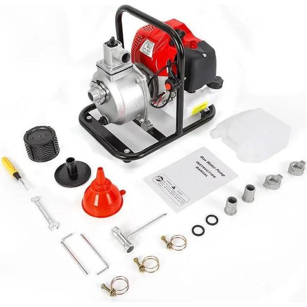 Pompa Dell'acqua - Benzina Pompa Di Irrigazione/Trasferimento Ad Alta Pressione - 43 Cm³ - Monocilindrico A 2 Tempi - 1,25 Kw/1,7 Cv - 8500 Giri/Min - Avviamento A Strappo - Raffreddamento Ad Aria, Con Ventola - Rosso-image