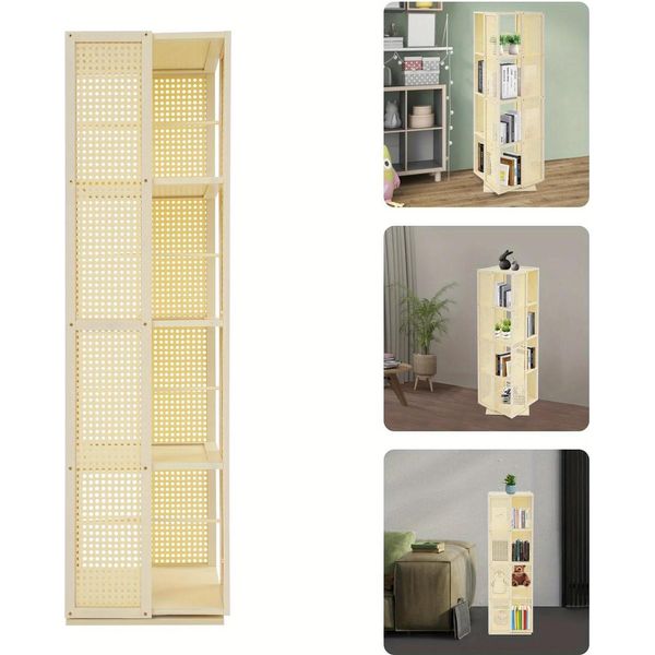 Libreria Girevole - 4 Ripiani - Ruotabile A 360° - Plastica Effetto Rattan - Per Soggiorno - Richiede Assemblaggio - Bianco Latte-image