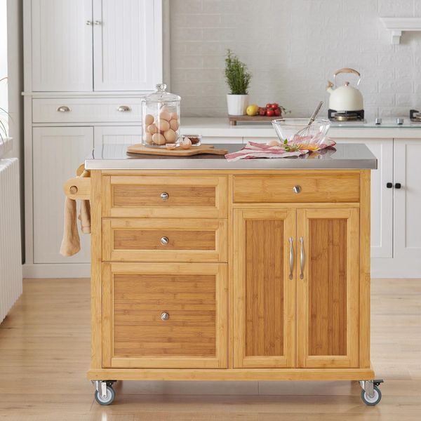 Isola Da Cucina Su Ruote - FKW70-N Carrello Da Cucina/Carrello Di Servizio - Piano Di Lavoro In Acciaio Inossidabile - 3 Cassetti - Legno - 115×92×46 Cm - Da Montare - Oro-image